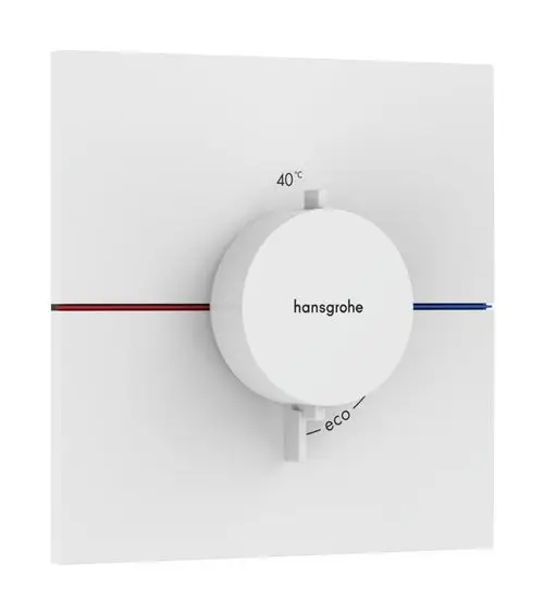 Thermostat von Hansgrohe in Mattweiß, rechteckige Wandplatte mit einem runden Drehknopf zur Temperatureinstellung, gekennzeichnet mit 40 °C und einer Eco-Option.